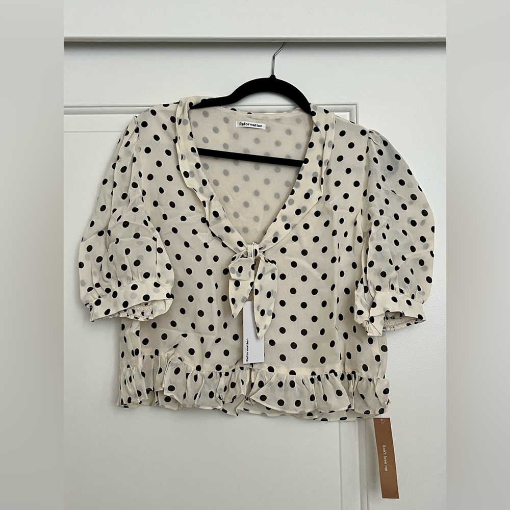 Reformation Cream Polka Dot Tie-Front Crop Top
